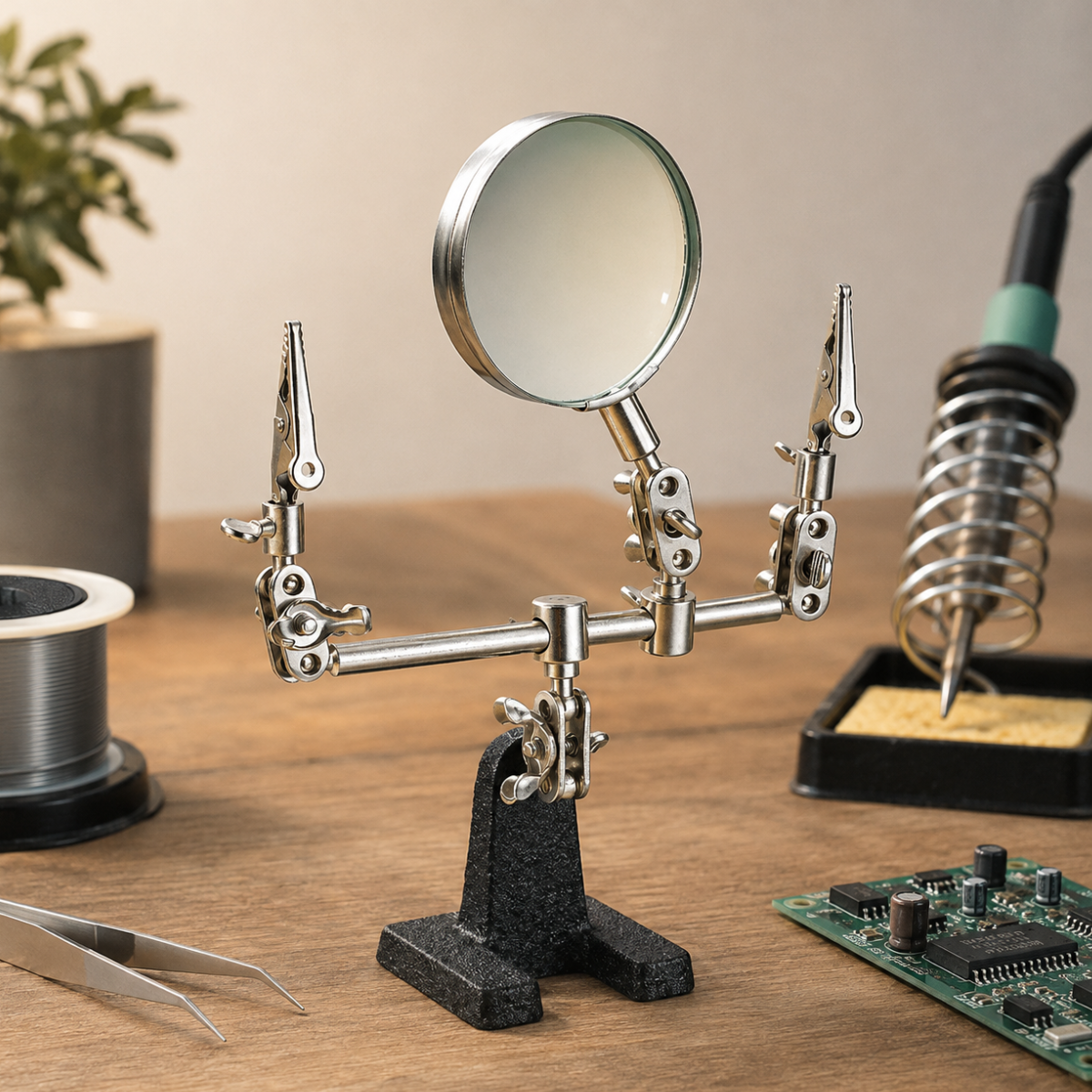 2X Helping Hands Magnifier with 2-Inch Lens, Adjustable Alligator Clips, Ball-and-Socket Joints and Weighted Cast Iron Base for Soldering – MG-08945