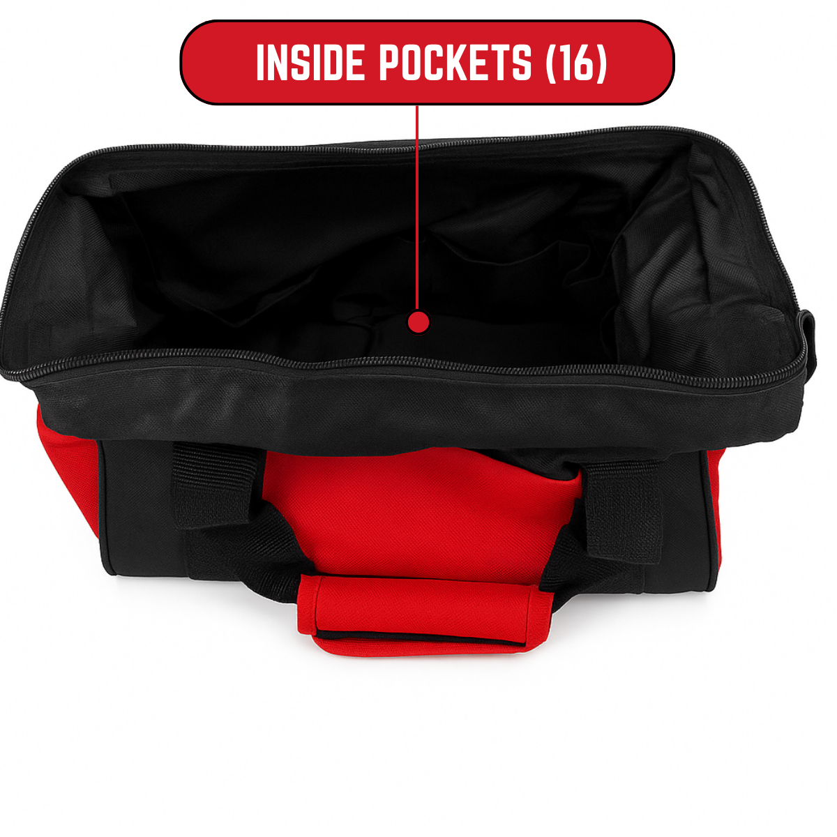 Soft-Sided Tool Bag with 21 Pockets – Opens Like a Doctor’s Bag – Black with Red Trim – 12” Compact Organizer for Hand Tools, Drill, or Craft Supplies
