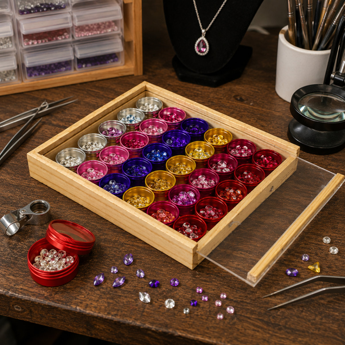 24 Piece Multi-Color Aluminum Storage Container Set with Clear Lids, 1.5 Inch Round Jars in Wooden Display Box, Small Organizer Tins for Gems, Beads, Coins, Crafts, Findings & Small Parts
