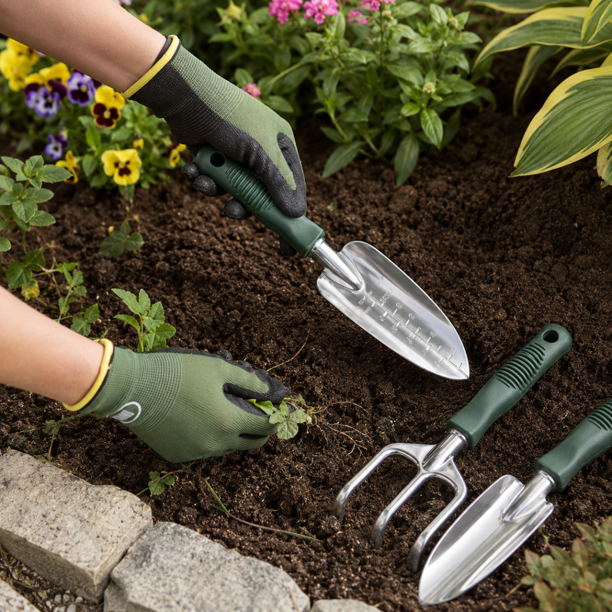 3 Piece 12" Aluminum Garden Hand Tool Set with PVC Handles – Cultivator, Spade & Trowel
