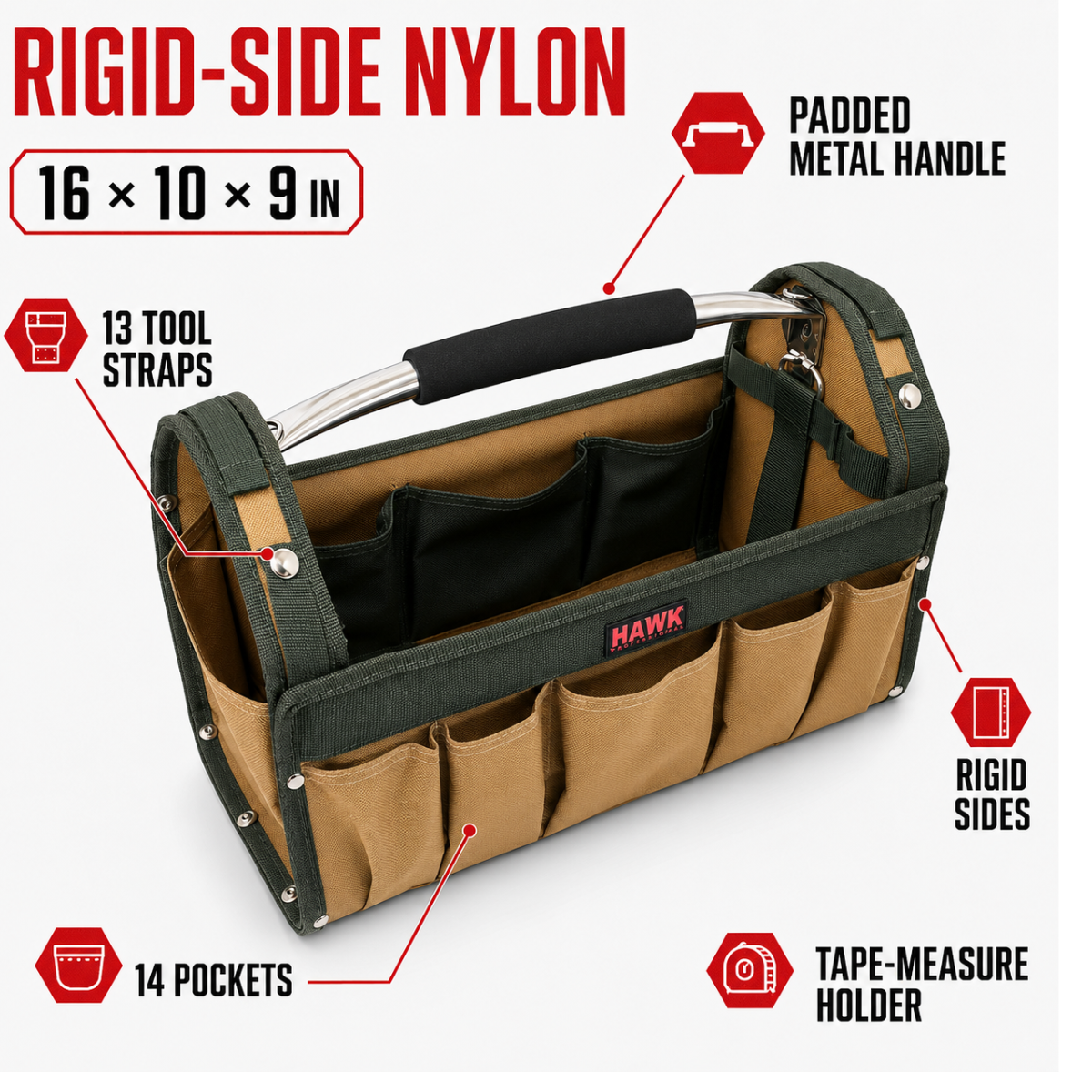 16-Inch Rigid-Side Nylon Tool Bag with Metal Handle, 14 Pockets, 13 Tool Straps, Tape Measure Holder and Shoulder Strap, Tan/Green
