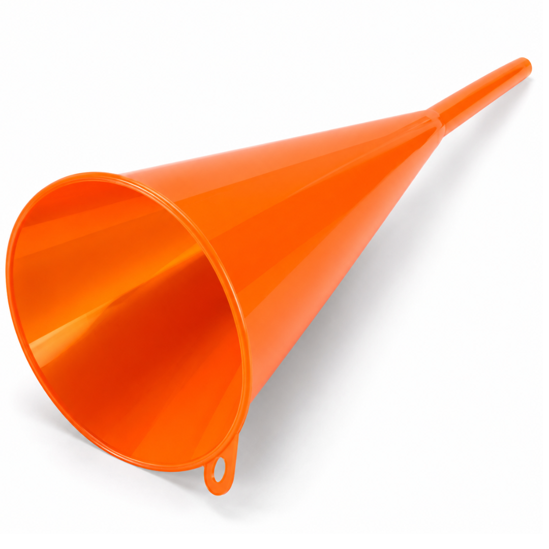 2 Pc. 18" Extra-Long Plastic Funnel with 5" Wide Mouth – Flute-Style Narrow Base for Oil, Gas, and Transmission Fluids
