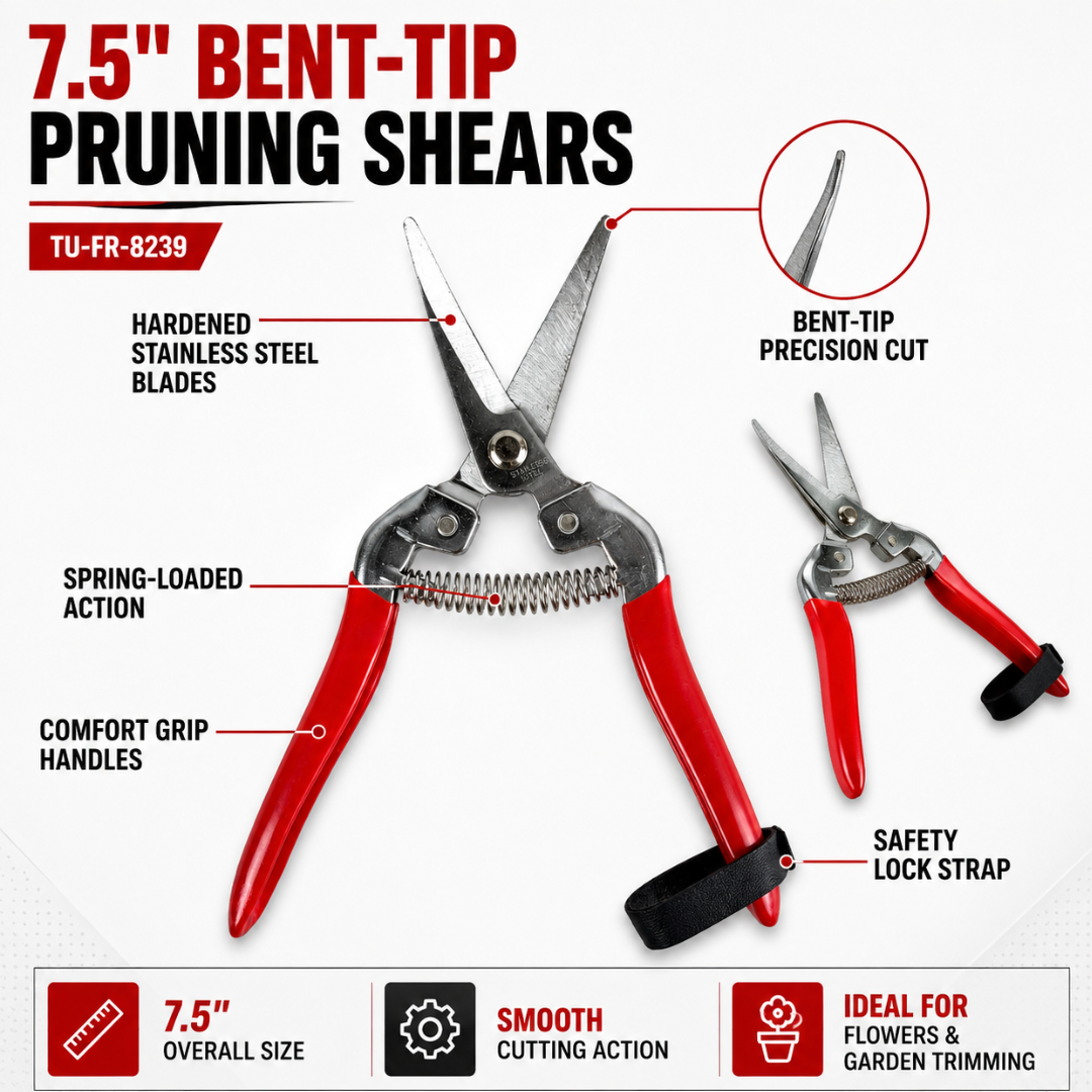 7.5-Inch Bent-Tip Pruning Shears with Stainless Steel Blades, Spring-Loaded Garden Scissors, Comfort Grip Handles and Safety Lock Strap – TU-FR-8239