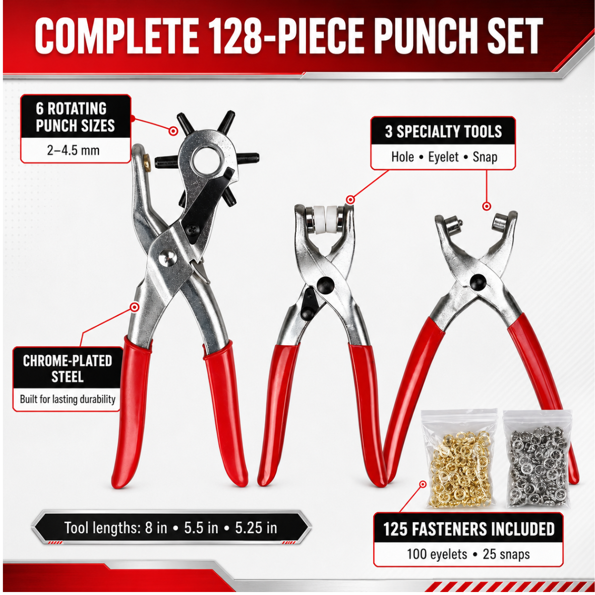 128-Piece Leather Hole Punch and Fastener Set – 6-Size Revolving Punch, Eyelet Pliers, Snap Pliers, 100 Eyelets and 25 Snap Sets – Vinyl-Coated Handles for Belts, Shoes, Bags and Crafts
