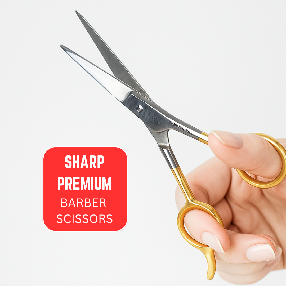 Professional Barber Scissors 5.5" – Ice Tempered Stainless Steel Hair Cutting Shears with Gold Finger Holes & Finger Lever – Sharp Salon & Home Haircutting Scissors