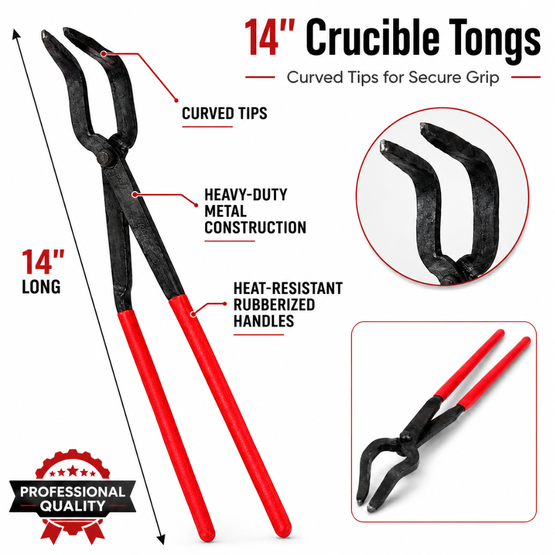 14 Inch Crucible Tongs with Curved Tips, Heavy Duty Metal Melting Tongs with Rubberized Grip Handles for Jewelry Casting, Refining, Foundry Work, Kilns, Molds, and Hobby Metalworking