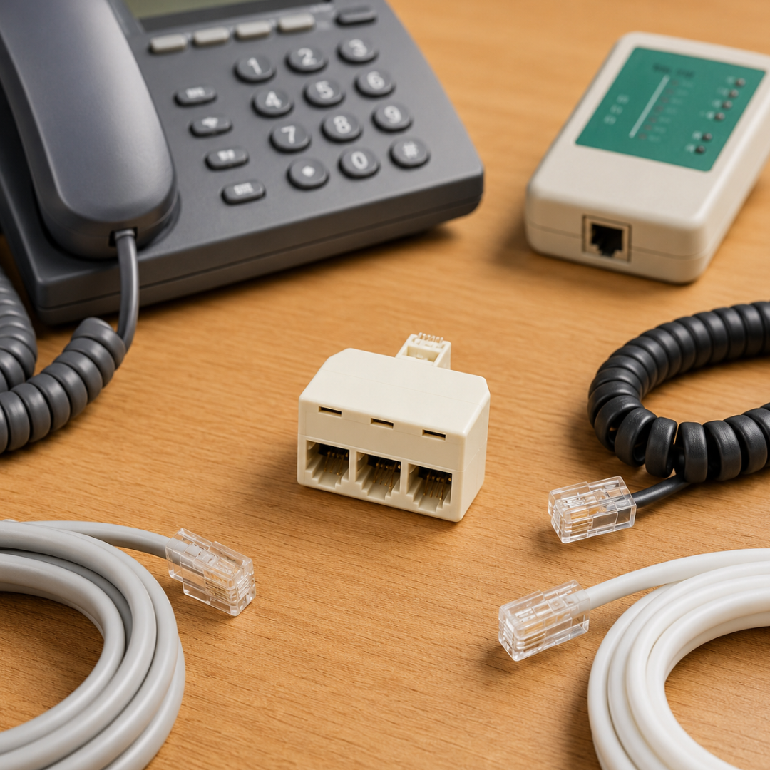 3-Port Modular Telephone Line Splitter Adapter – Single Jack to Triple Jack Connector for Phones, Fax Machines and Credit Card Terminals, 1.5 x 7/8 Inch