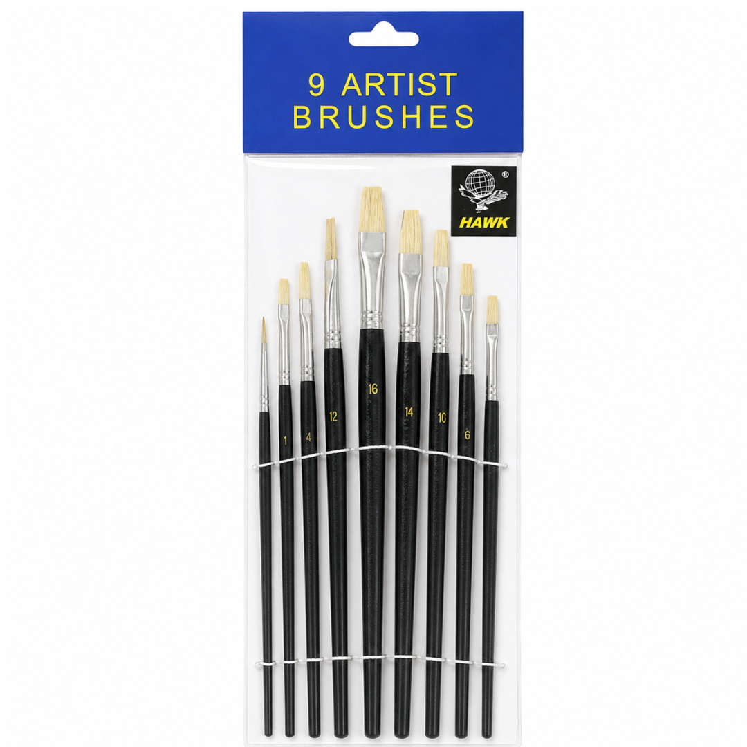 9-Piece Flat Artist Paint Brush Set, Sizes 0–16, Acrylic Bristles with Black Wooden Handles for Watercolor, Acrylic, Oil, Canvas, Wood and Crafts, 2-Pack, 18 Brushes Total