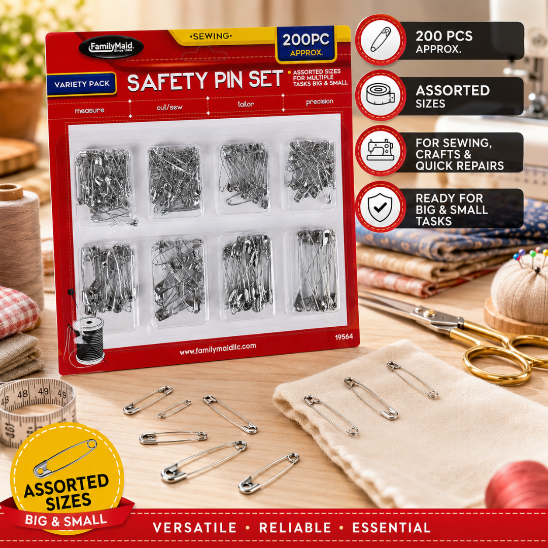 Assorted Safety Pin Set, Approx. 200-Piece Silver-Tone Metal Safety Pins in 8-Section Organizer Tray for Sewing, Tailoring, Crafts and Clothing Repairs