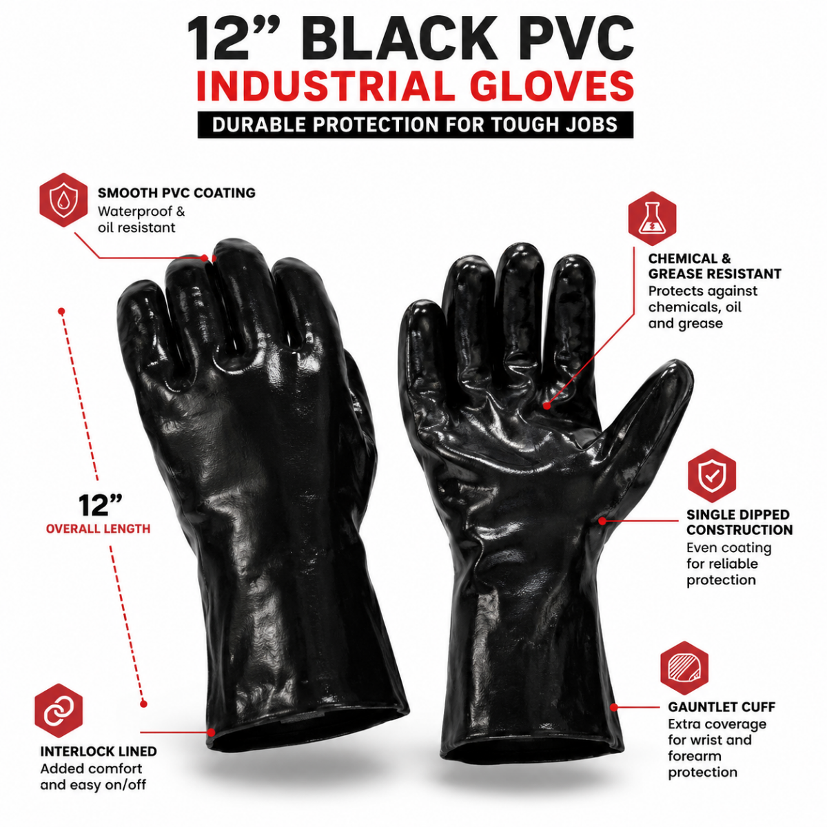 Men's Black PVC Industrial Work Gloves, 12 Inch Gauntlet Cuff, Interlock Lined, Large - 12 Pairs - 9012-Z12