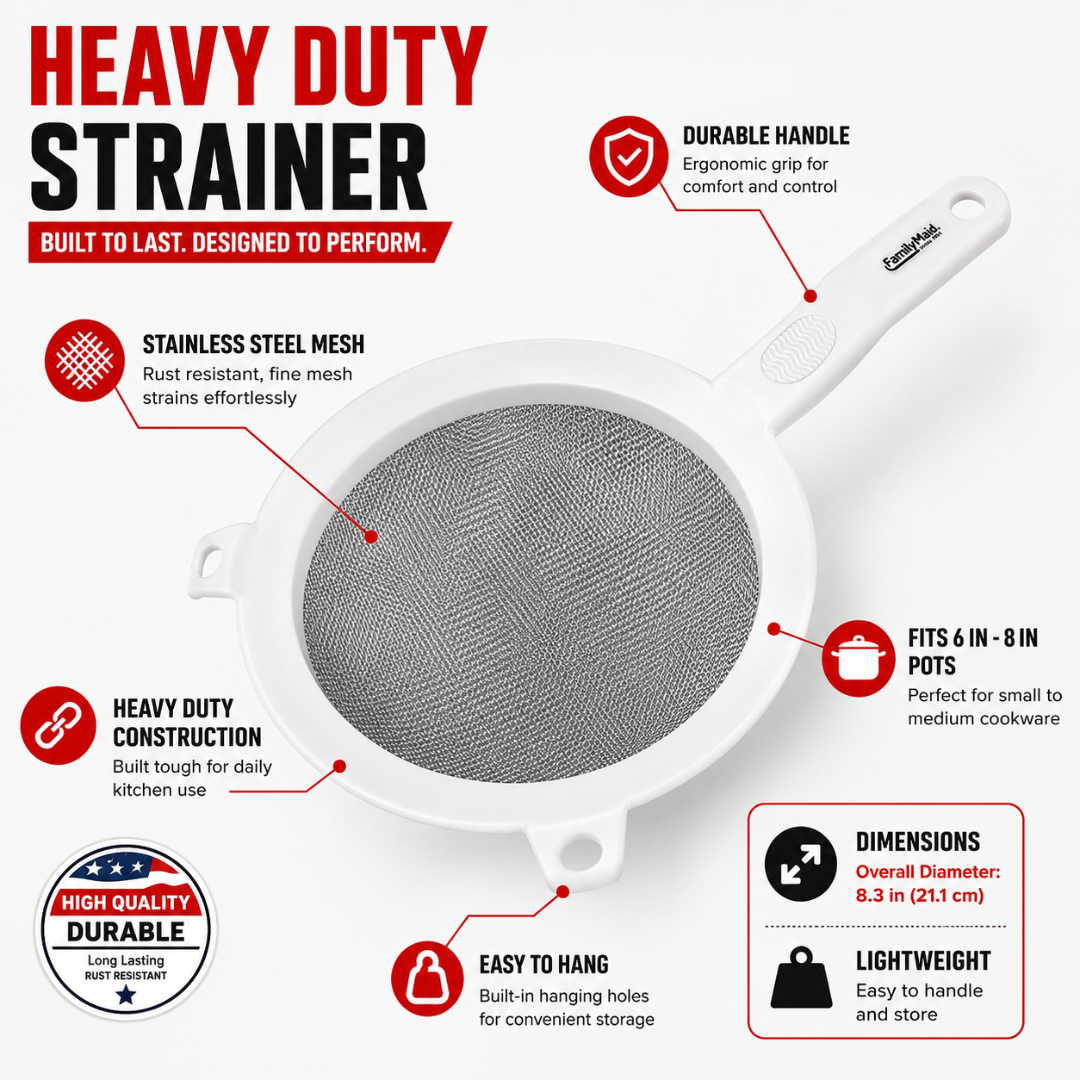 Heavy Duty Kitchen Strainer, Fine Stainless Steel Mesh Sieve with Comfort-Grip Handle and Pot Rest Tabs, Fits 6–8 Inch Pots, for Pasta, Fruits and Vegetables, White, 1 Pack