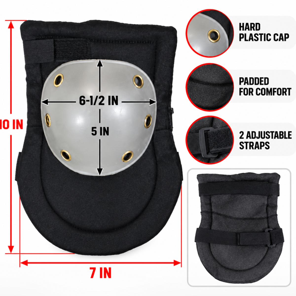 Heavy-Duty Plastic Cap Knee Pads, Padded Pair with Adjustable Straps, One Size, Black and Gray, 10 x 7 Inches – KP5