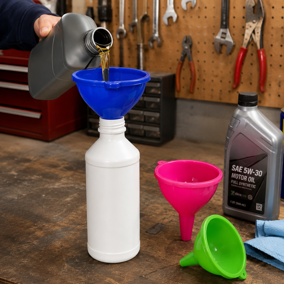 3-Piece Plastic Funnel Set – 3.5", 4.25" & 5" Wide Mouth Funnels – Durable Multi-Size Funnels for Oil, Automotive Fluids, Garage, Workshop & Household Use