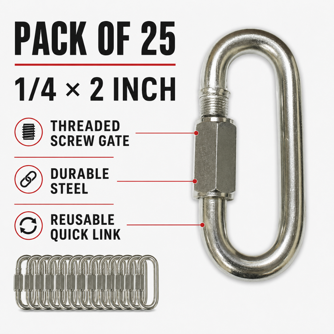 1/4 Inch Quick Links, 25-Pack – Steel Chain Connectors with Threaded Screw Closure for Chains, Cables, Eye Loops and General Hardware Applications
