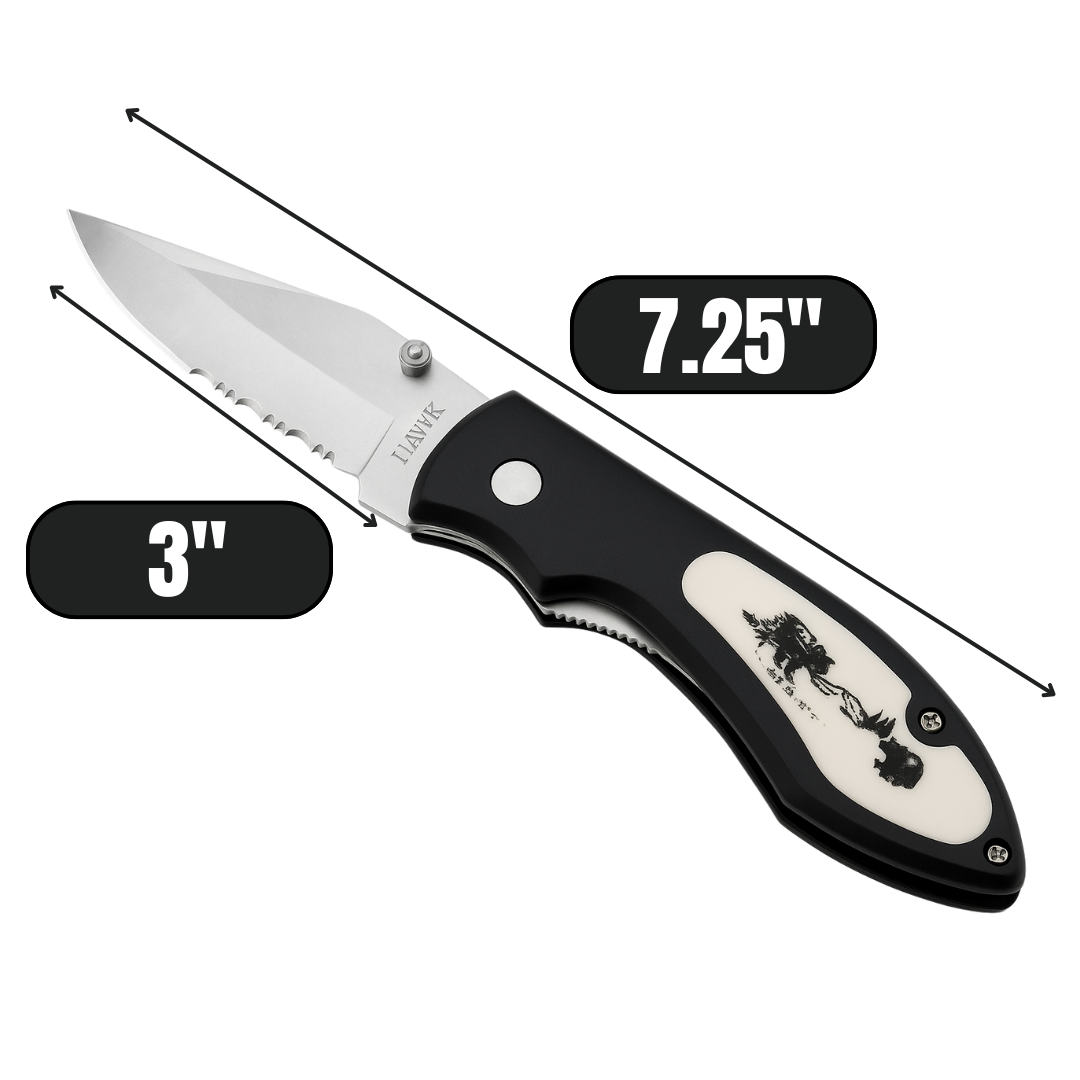 Folding Pocket Knife with 3" Stainless Steel Blade – Half Smooth & Half Serrated | 7.25" Open Length | Bear Inlay Handle + 6" Dual-Grit Sharpening Stone (120/240 Grit) – Aluminum Oxide, Durable & Reliable