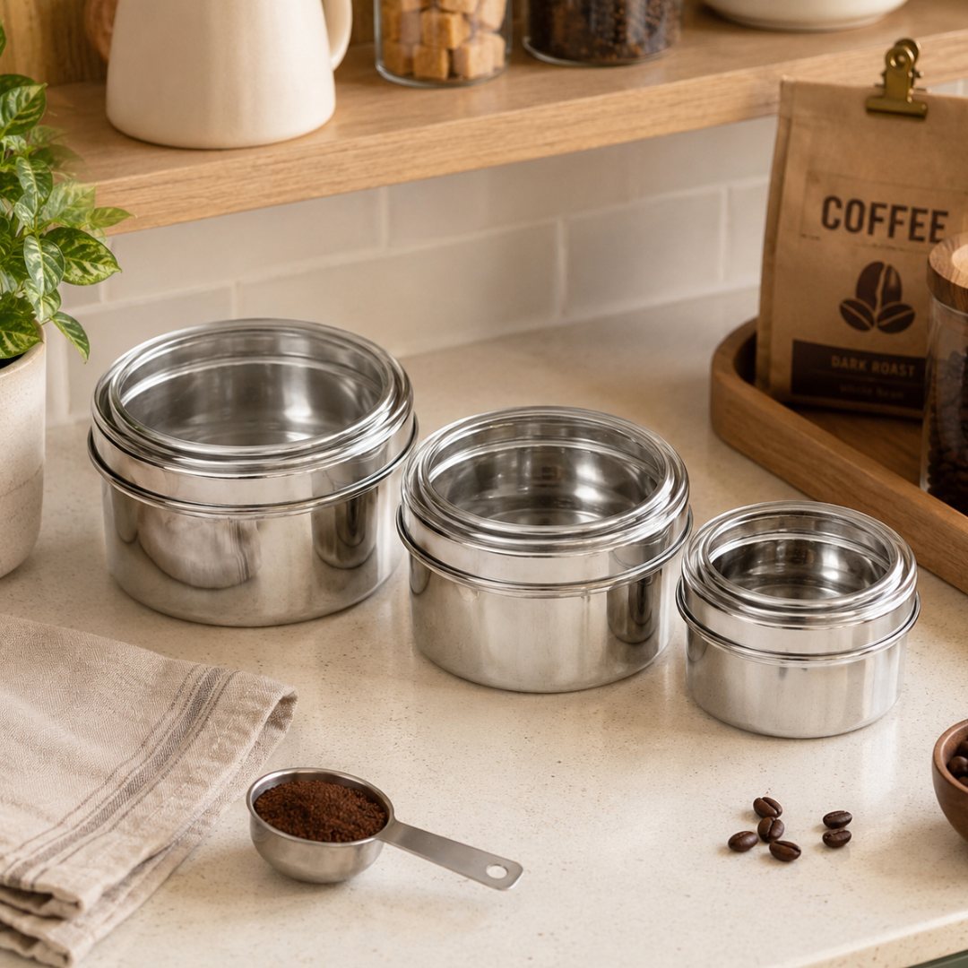 3 Piece Stainless Steel Canister Set with Clear View Lids, Nesting Food Storage Containers for Coffee, Tea, Sugar, Candy & Snacks, 3 Graduated Sizes – U-88010