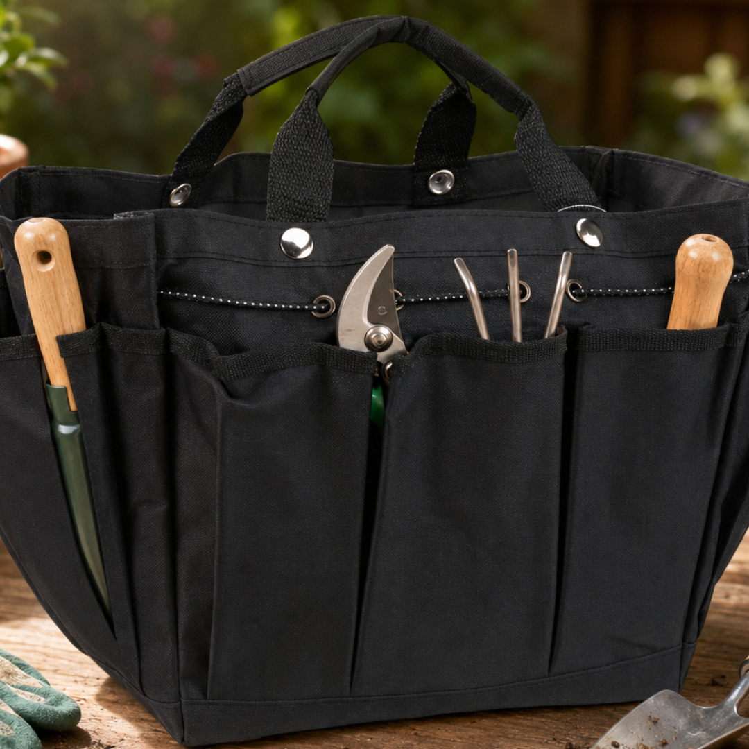 Black Nylon Garden Tool Tote Bag with 8 Exterior Pockets, Large Main Compartment and Snap Closure, 18 Inch Gardening Organizer