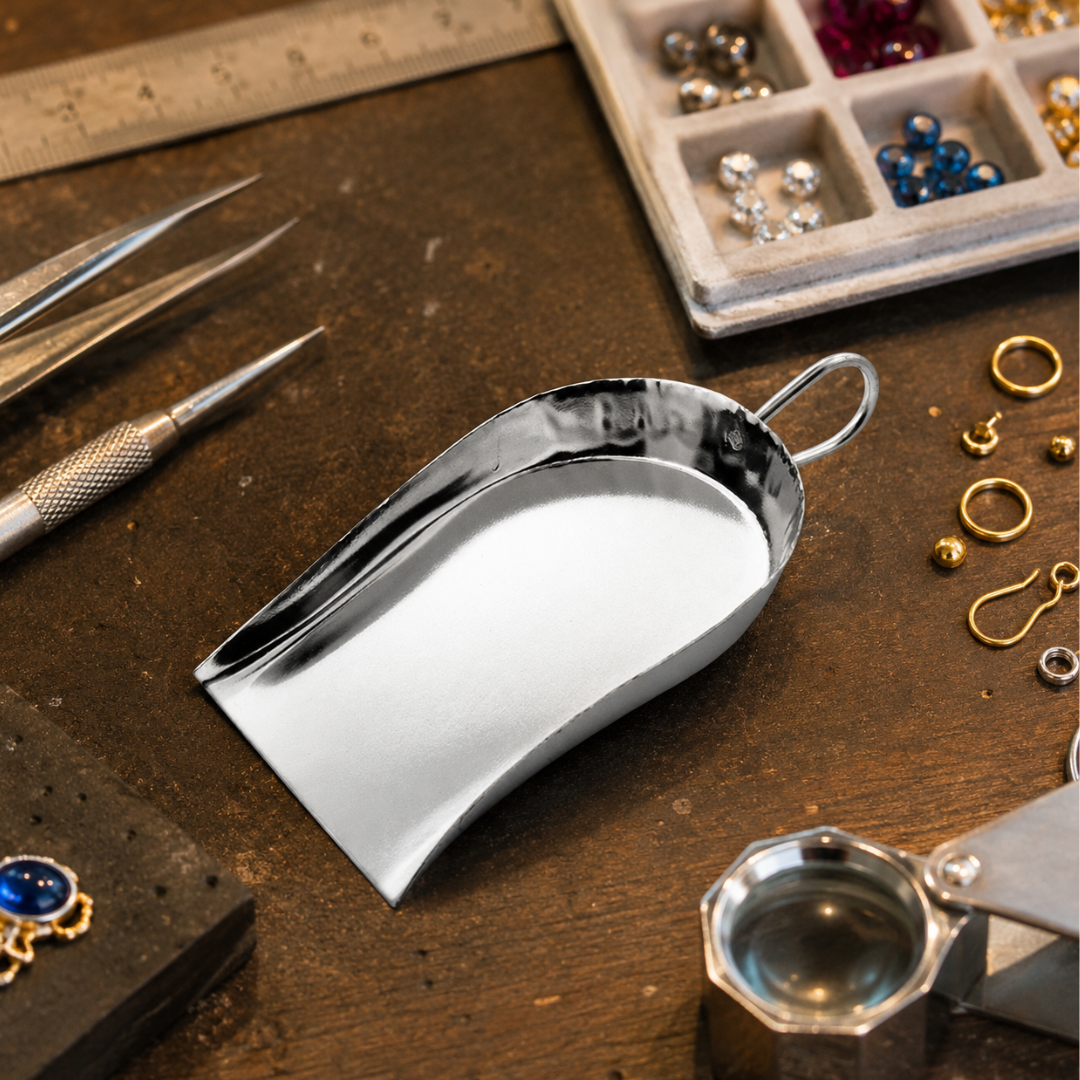 Jeweler’s Chrome Finished Stone Scoop Shovel, 2.5" x 1.75", Bell Shape with Loop Handle for Beads, Gems, Findings & Small Parts, Pack of 2