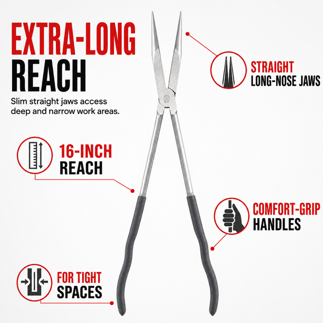 Extra-Long Nose Pliers with Straight Jaws and Orange and Black Comfort-Grip Handles for Deep, Narrow and Confined Areas