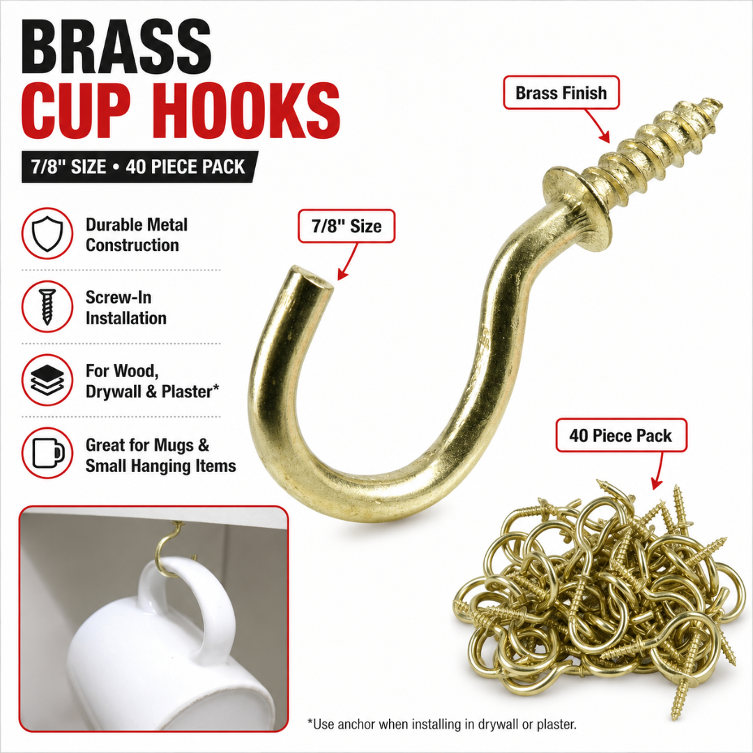2 Pack 7/8 Inch, 40 Piece Pack, Screw-In Metal Hooks for Mugs, Cups, Kitchen, Wood, Drywall, Plaster, Home Organization & DIY Hanging Projects