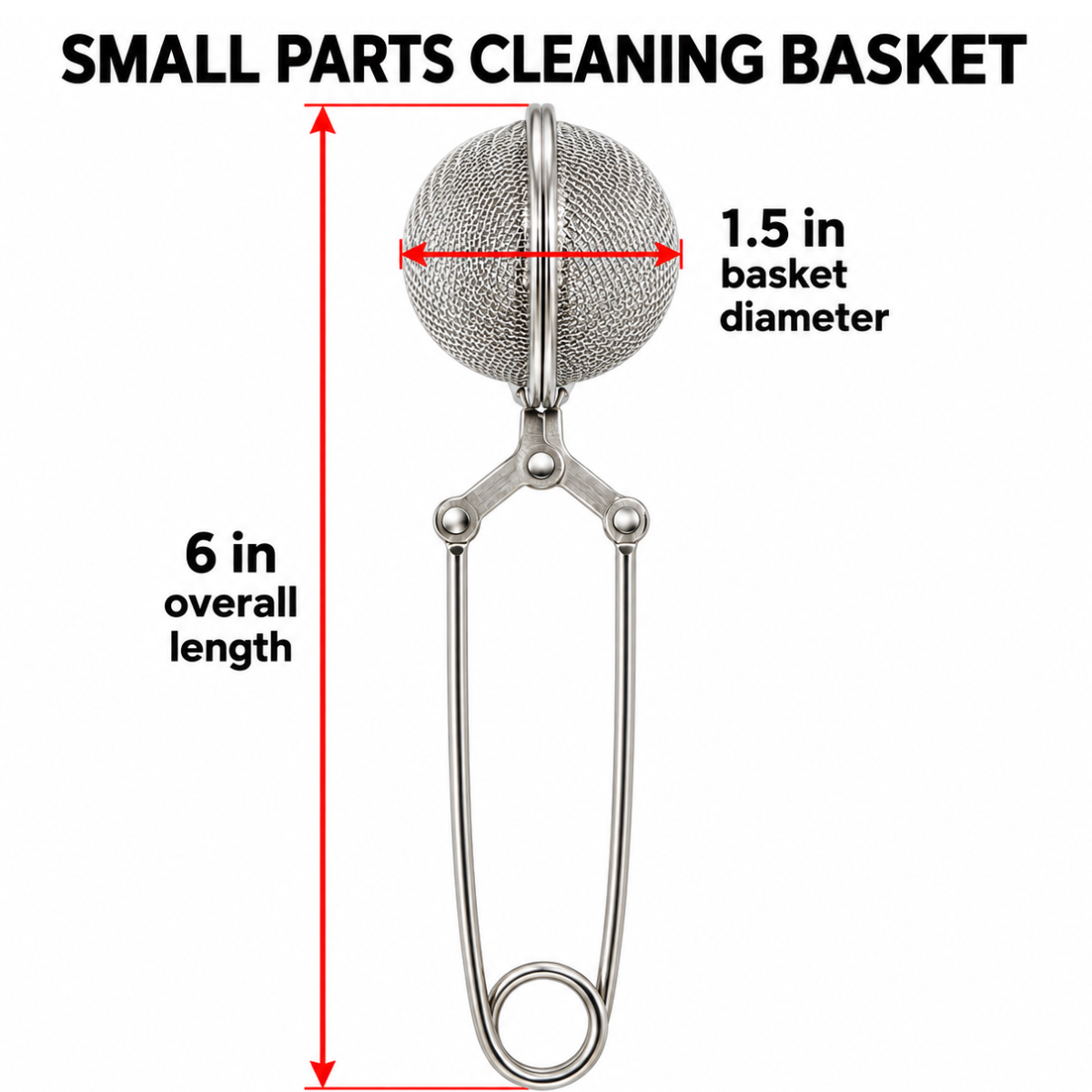 Stainless Steel Ultrasonic Cleaning Mesh Basket, 1½-Inch Diameter, 6-Inch Overall Length, Spring-Loaded Handle for Small Parts