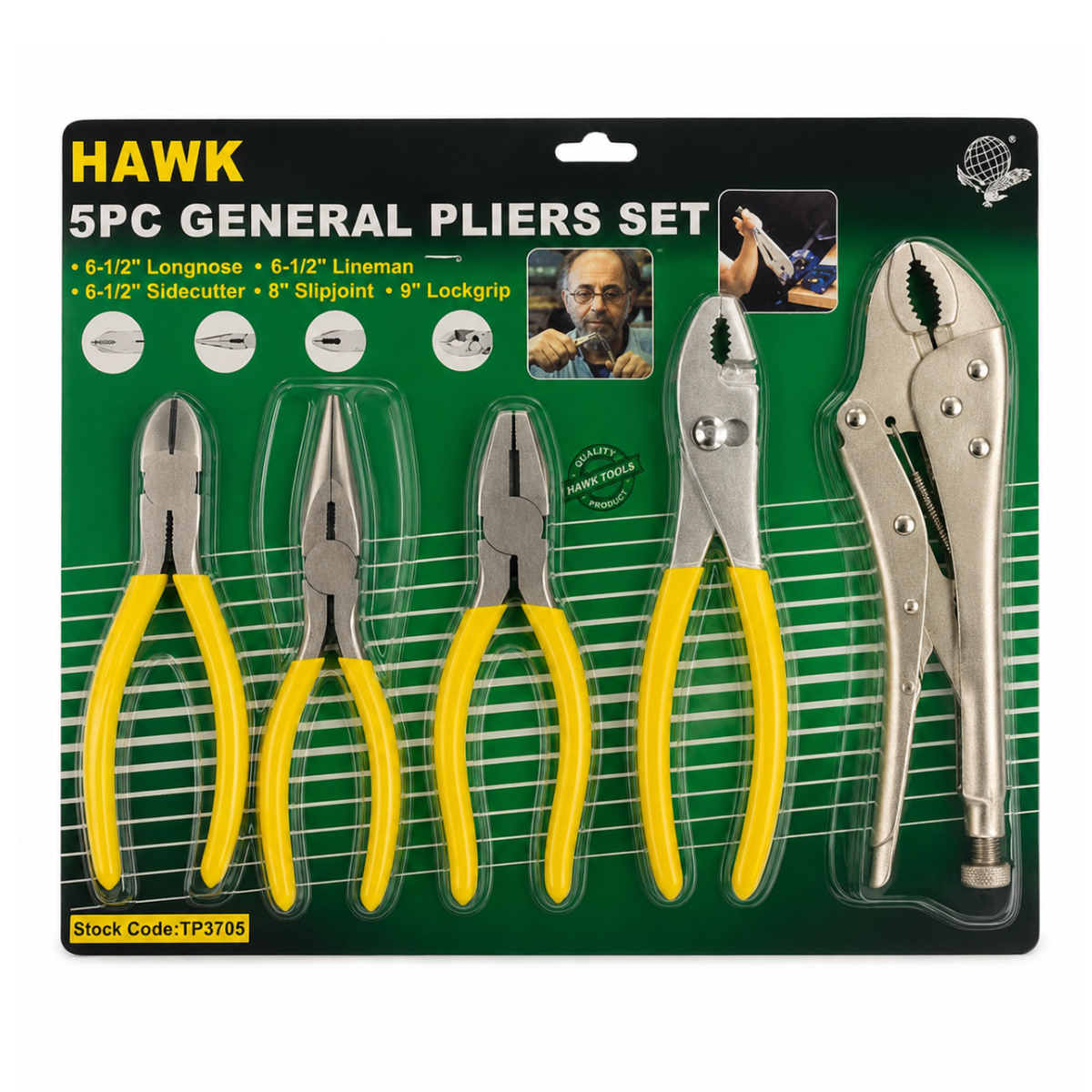 5-Piece General Purpose Pliers Set with Comfort Grip Handles – Long Nose, Side Cutting, Linesman, Slip Joint & Locking Pliers – TP-03705