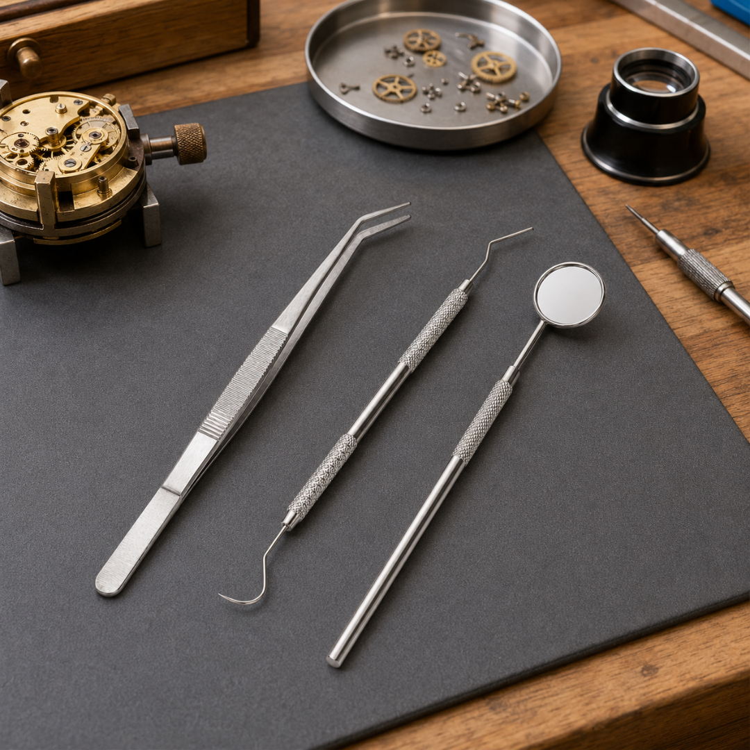 3-Piece Precision Stainless Steel Tool Set with Inspection Mirror, Double-Ended Pick and Curved Tweezers, Textured Handles and Vinyl Case, 6-1/2 Inch