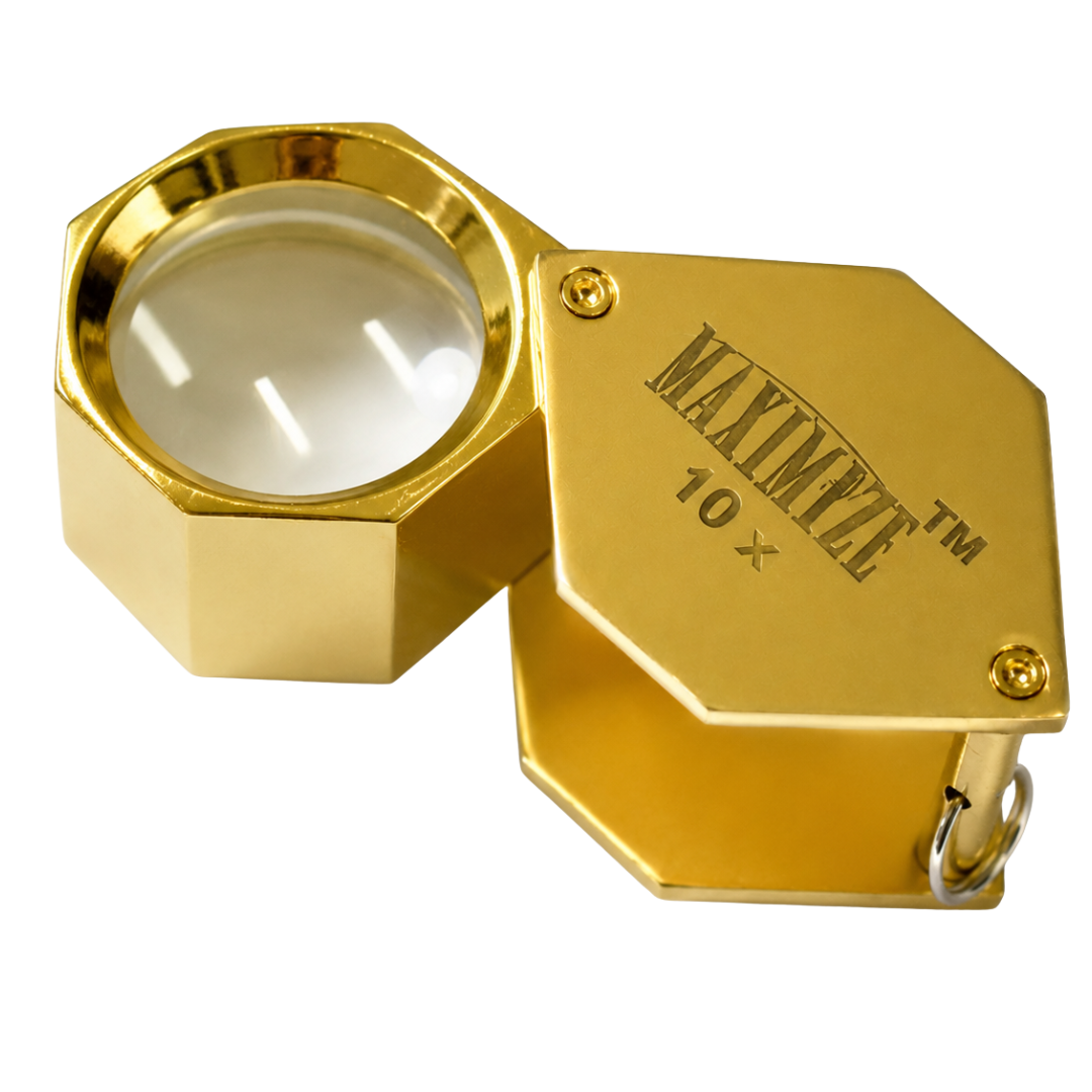 10X Gold Mini Jeweler’s Loupe Magnifier, Hexagonal Folding Frame, 18mm Glass Lens, Pocket Inspection Magnifying Tool with Spring Loop and Leatherette Pouch