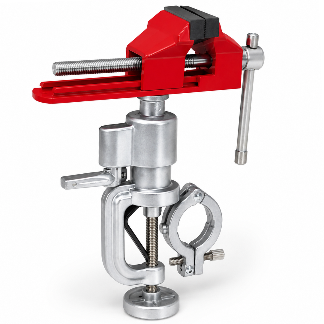 Multi-Angle Drill & Vise Clamp – 360° Rotating Swivel Bench Vise with Drill Holder, 4" Jaw Opening, Heavy-Duty Cast Aluminum Table Clamp for Drilling, Grinding, Polishing & Workshop Use