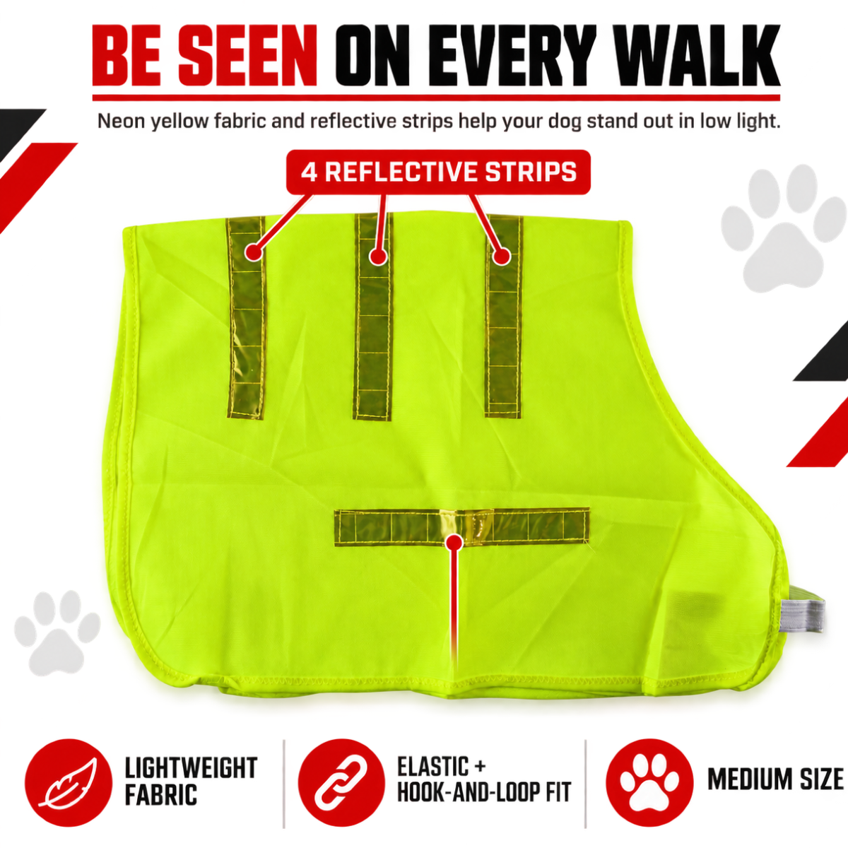 Neon Yellow Reflective Dog Vest, Medium, Lightweight Visibility Vest with Elastic Straps and Hook-and-Loop Fasteners