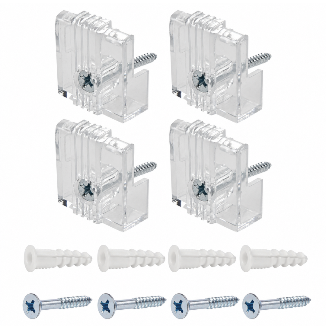 2 PACK 1/4 in Clear Plastic Mirror Clips with Screws and Wall Anchors, 20 lb Capacity, Mirror Mounting Hardware Kit for Frameless Mirrors, Bathroom Mirrors, Wall Mirrors