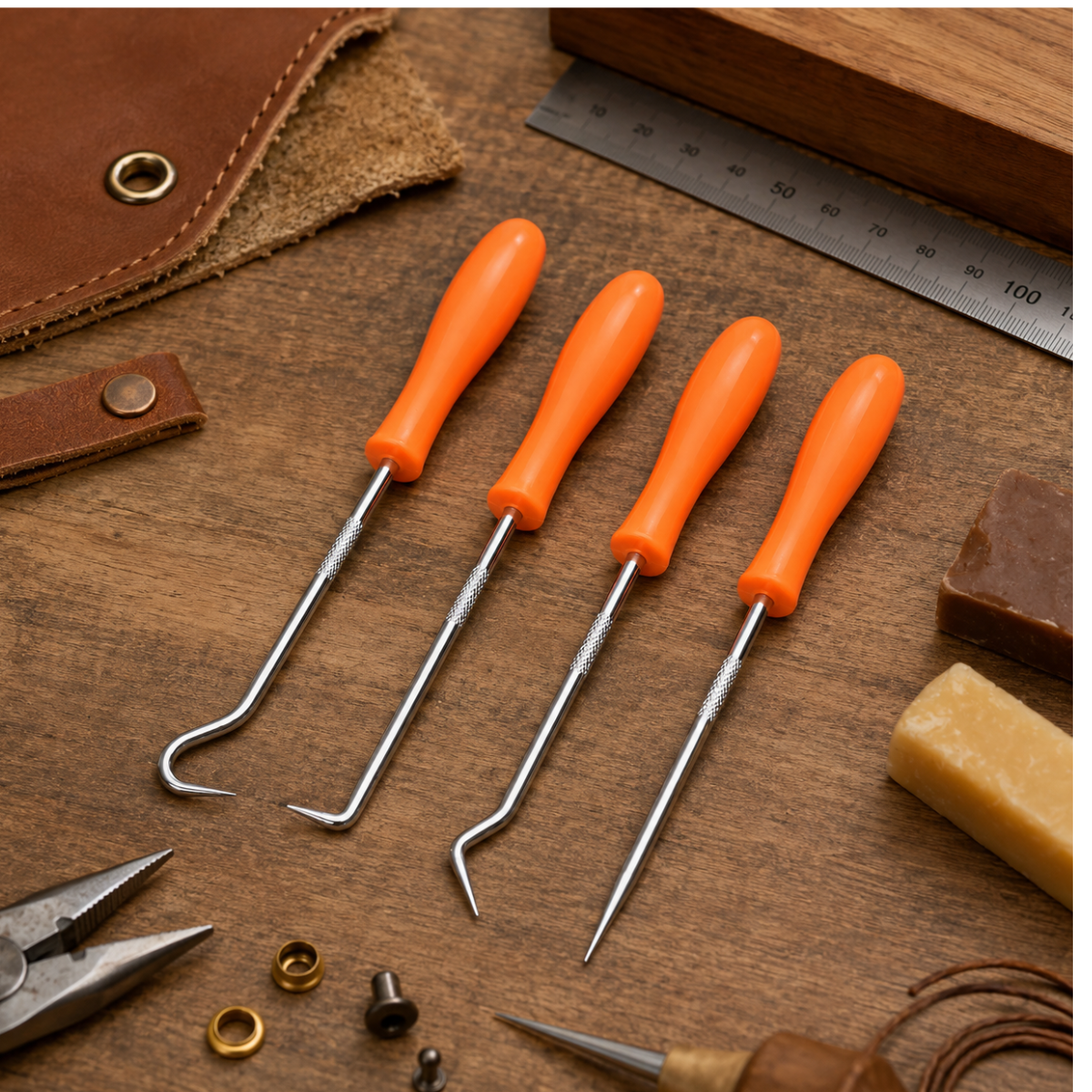 4-Piece 5-Inch Precision Pick and Hook Set, Chrome-Plated Steel Tools with Orange ABS Handles for Sculpting, Clay, Wax, Leather and Woodworking