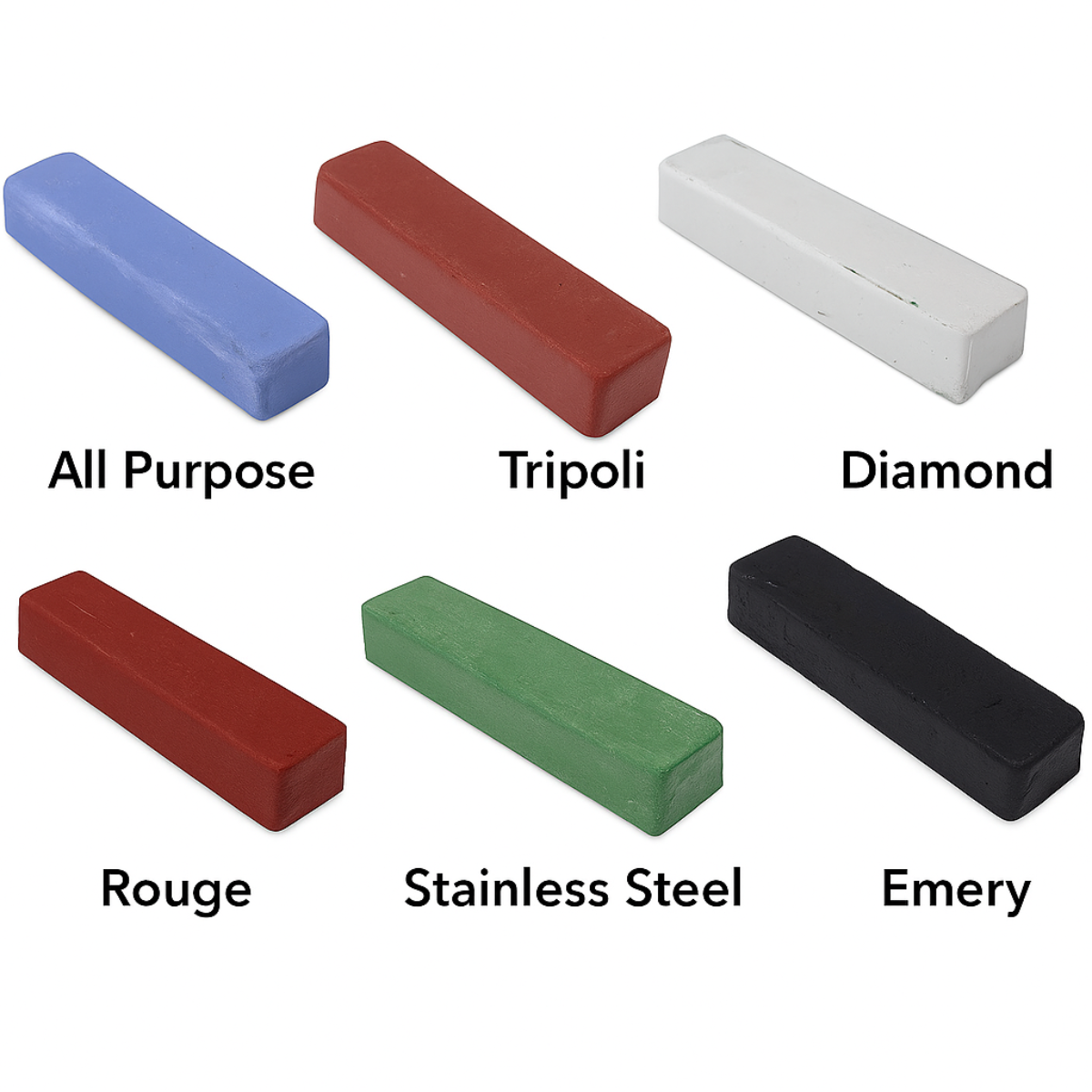 Polishing Compound Kit – 6 Piece, 4 oz Bars – Red Rouge, Black Emery, Brown Tripoli, White Diamond, Green & Blue – Metal, Wood & Plastic Buffing & Polishing