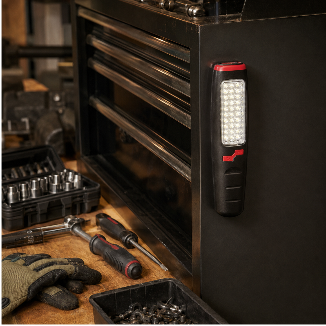 37 LED Magnetic Work Light with Hanging Hook – 8-Inch Portable Handheld Flashlight, 30-LED Front Panel & 7-LED Top Light, Battery Operated – LKCO-6928-FL