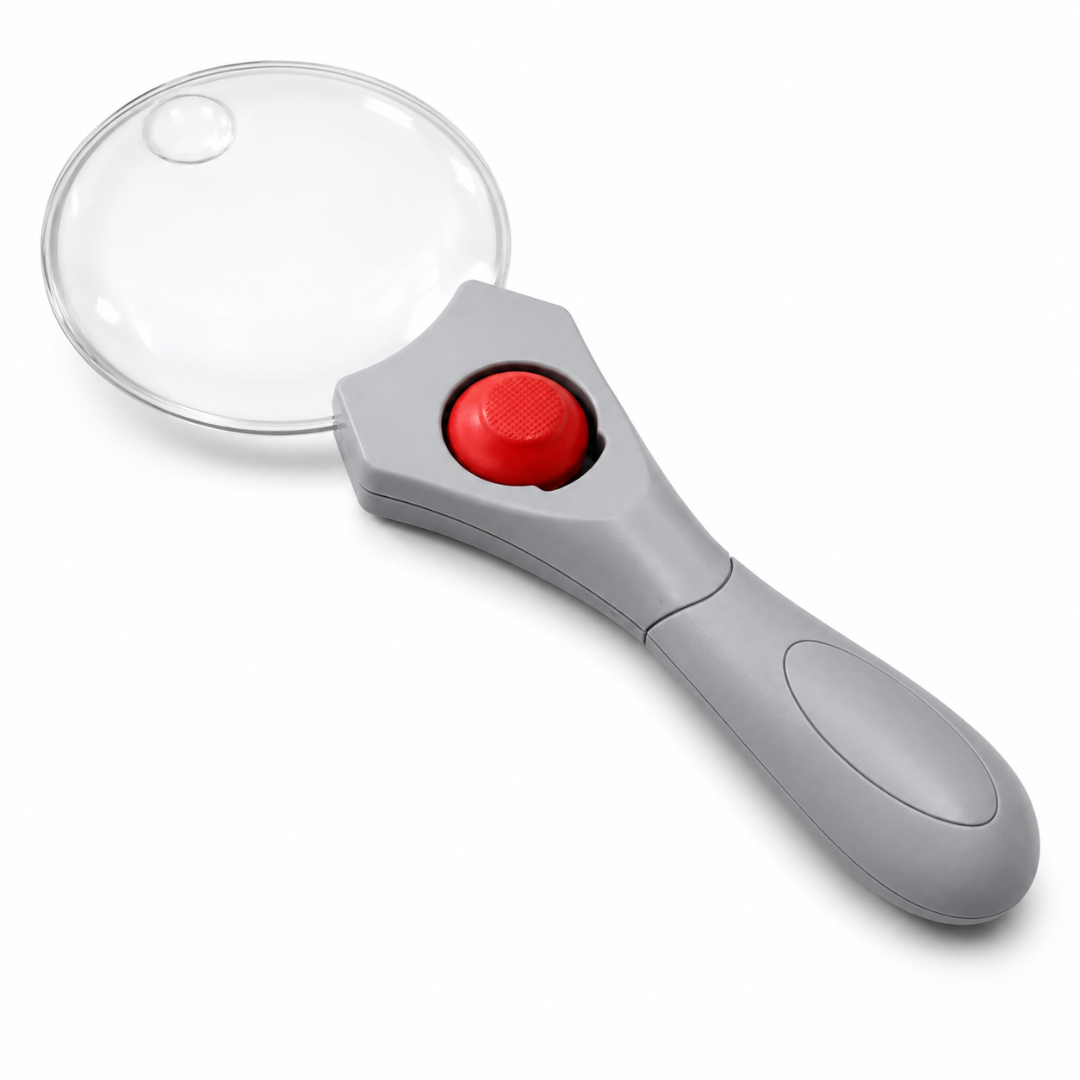 3X/5X 3.5 Inch Rimless LED Magnifier with Roller Ball Light Switch – Handheld Acrylic Magnifying Glass with Gray Handle, MP-13938