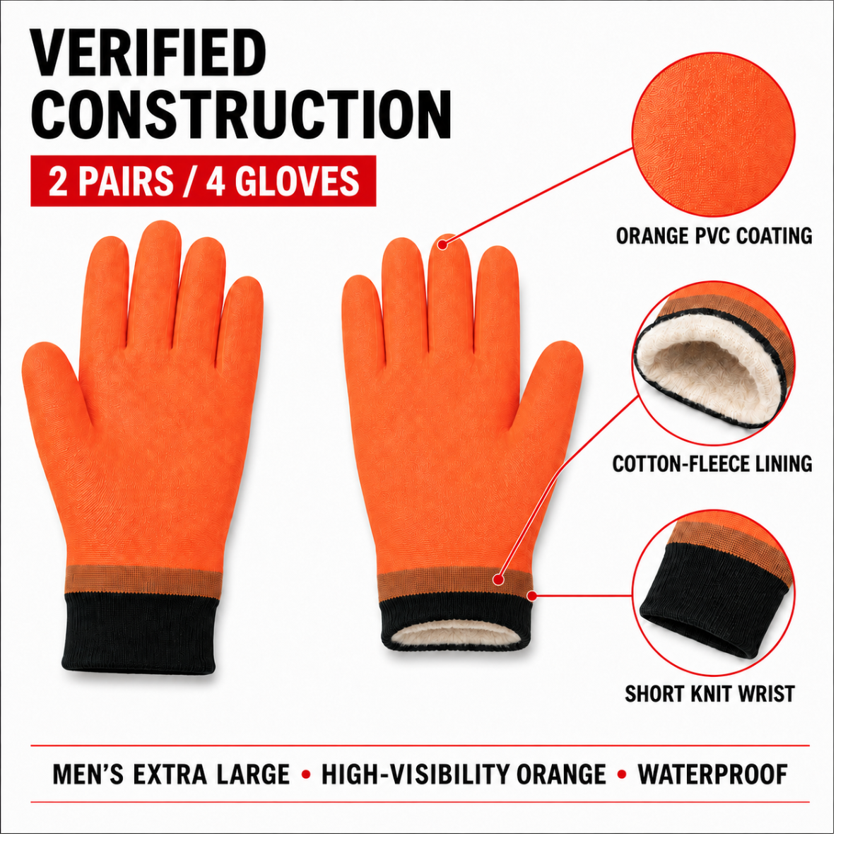 PVC Waterproof Work Gloves with Knit Wrists, Cotton Fleece Lined – Extra Large (Pack of 2 Pairs) – GL-09110-Z02