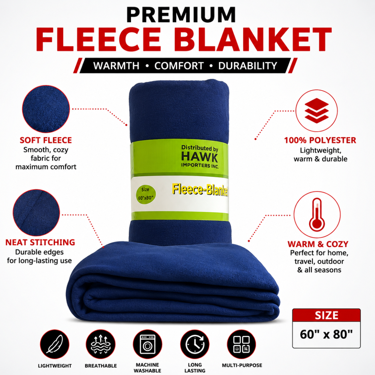 Navy Blue Fleece Blanket 60" x 80" – Soft 100% Polyester Lightweight Throw Blanket for Bed, Couch, Travel, Camping & Home