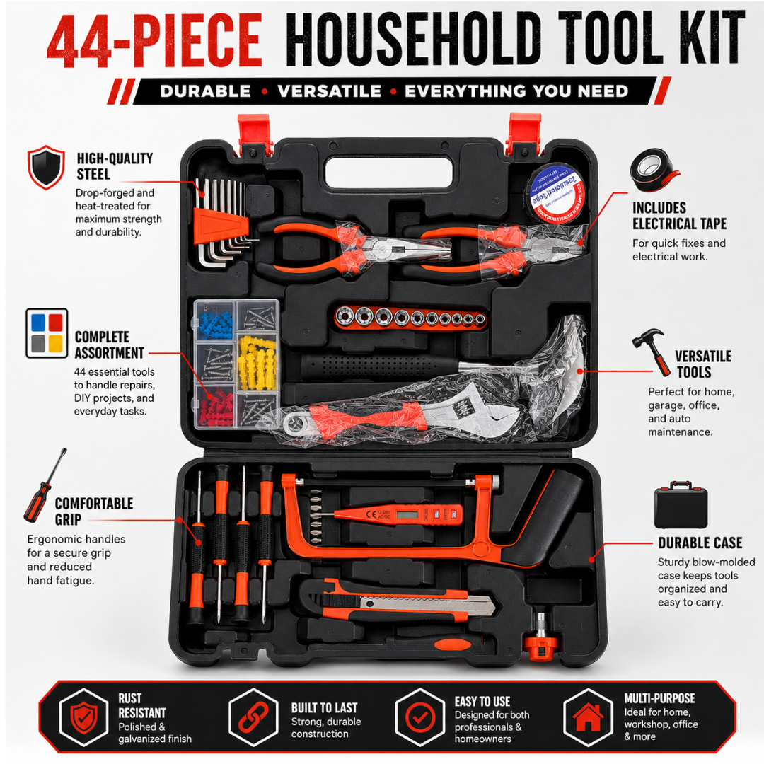 44-Piece Household Tool Kit with Carrying Case – General Home Repair Hand Tool Set with Pliers, Screwdrivers, Wrench, Sockets, Hex Keys, Hacksaw & Tape Measure