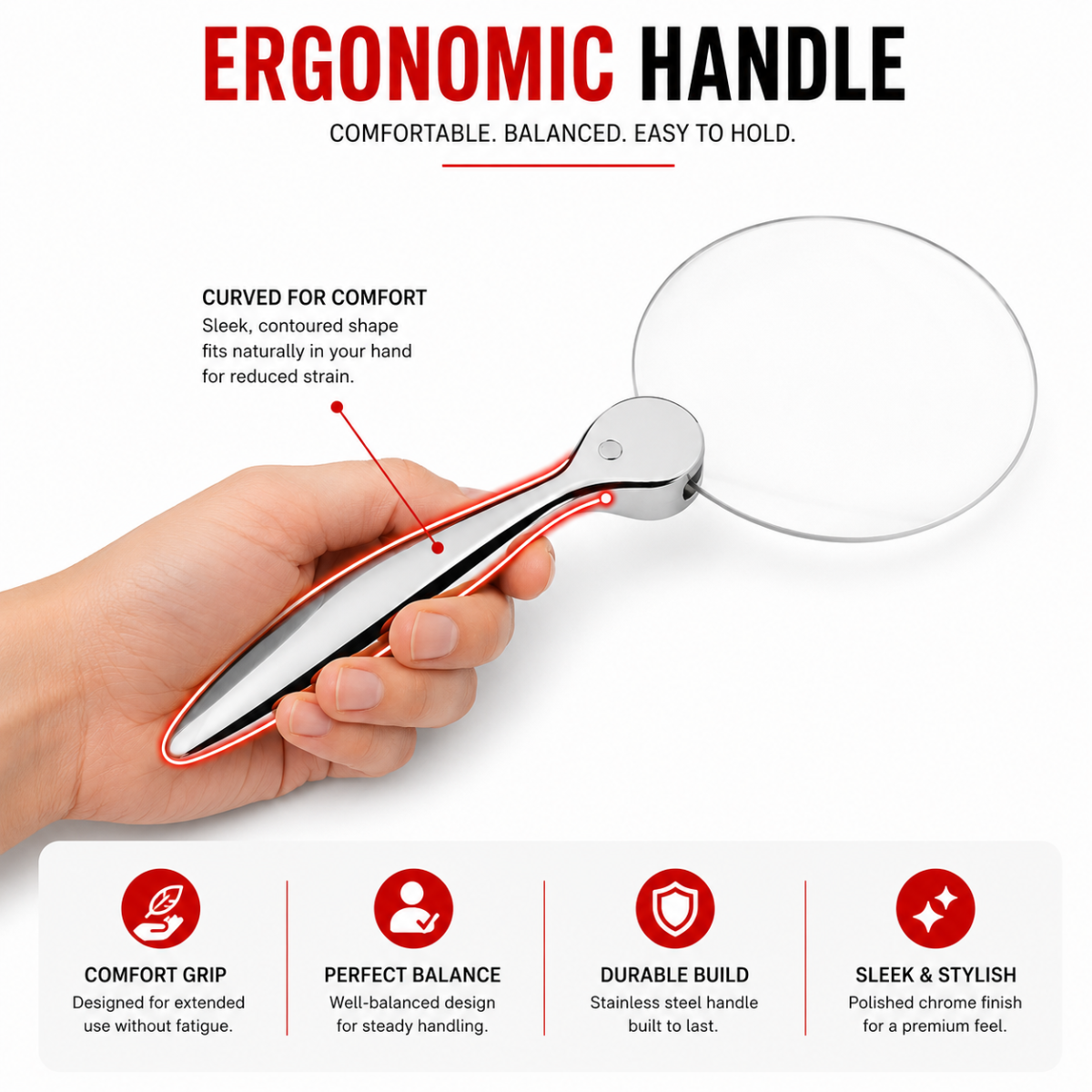 3" Rimless 2X/4X Handheld Magnifying Glass with Stainless Steel Handle & Black Zipper Storage Bag, Elegant Reading Magnifier