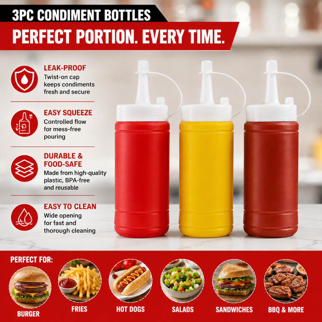 Condiment Squeeze Bottles, 5 oz Plastic Sauce Dispensers with Attached Nozzle Caps, Reusable Bottles for Ketchup, Mustard, Dressings and BBQ Sauce, Red Yellow Brown, 3-Pack
