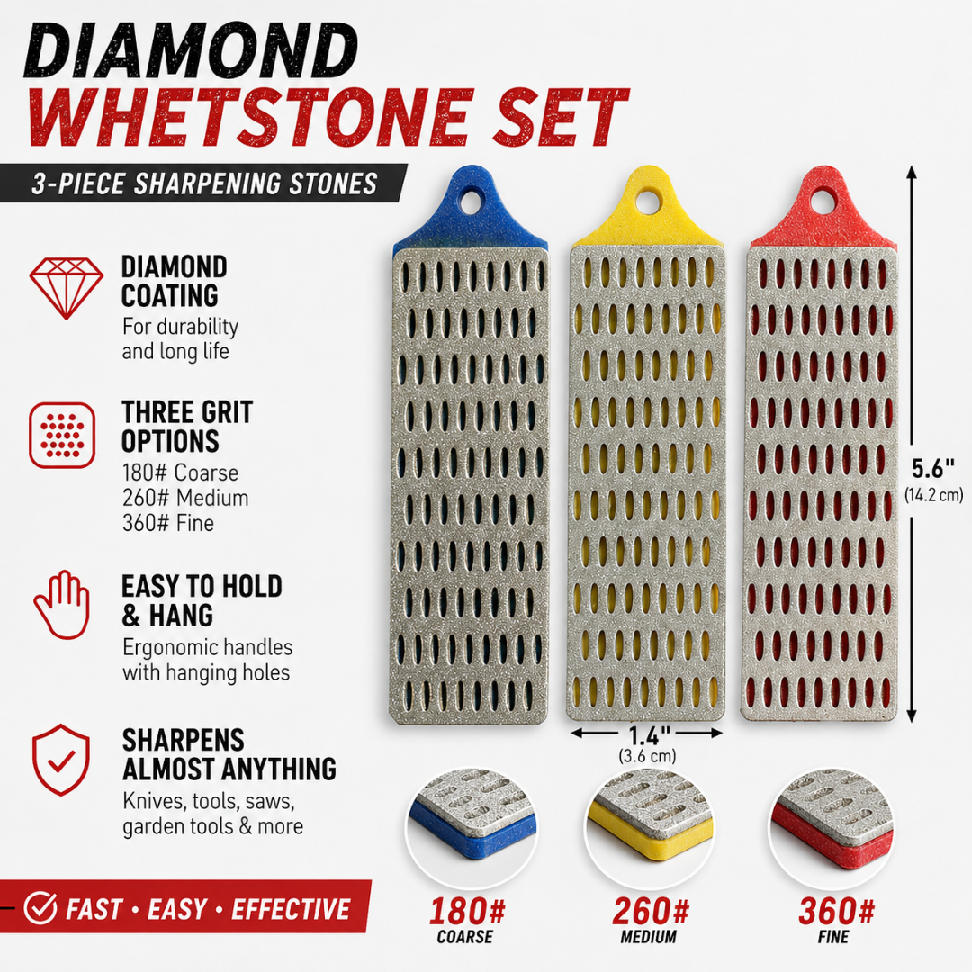 3-Piece Diamond Whetstone Sharpening Set – 180, 260 & 360 Grit Diamond Sharpening Stones for Knives, Tools, Saws & Garden Tools – Hanging Handle Design