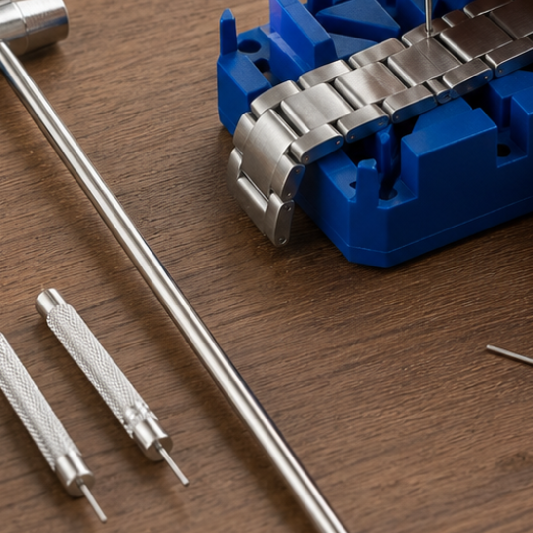HTS Watch Band Repair Kit - 5 Piece Watch Link Removal Tool Set with Hammer, Pin Punches & Holder Block for Watch Band Adjustment and Bracelet Repair
