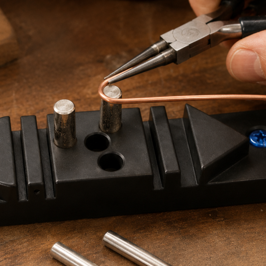 Aluminum Wire-Bending Jig for Workbench or Bench Vise – Mountable Forming Tool with Four Slots, Radius End, Triangular End and Metal Posts – Screws Included – TJ-28698