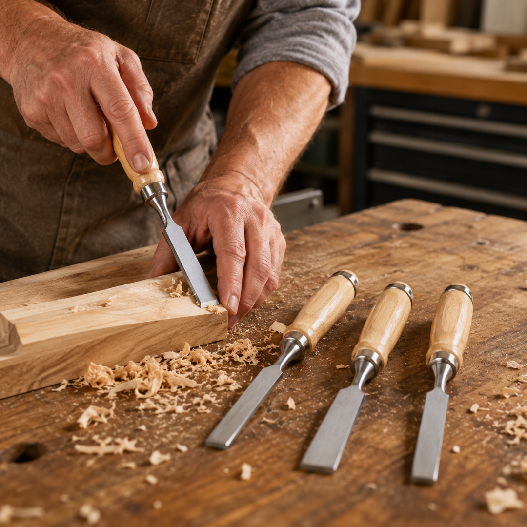 WEDGE 9 Inch 4 Piece Wood Chisel Set with Wooden Handles – Steel Blade Chisels for Woodworking, Carving, Hobby, Student and Light-Duty Use, TZ02-17440