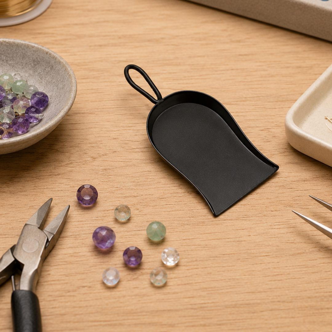 Black Jeweler’s Shovel, 3.5 x 1.5 Inch Mini Metal Gemstone and Bead Scoop with Loop Handle, Jewelry Sorting and Transfer Tool, Pack of 2