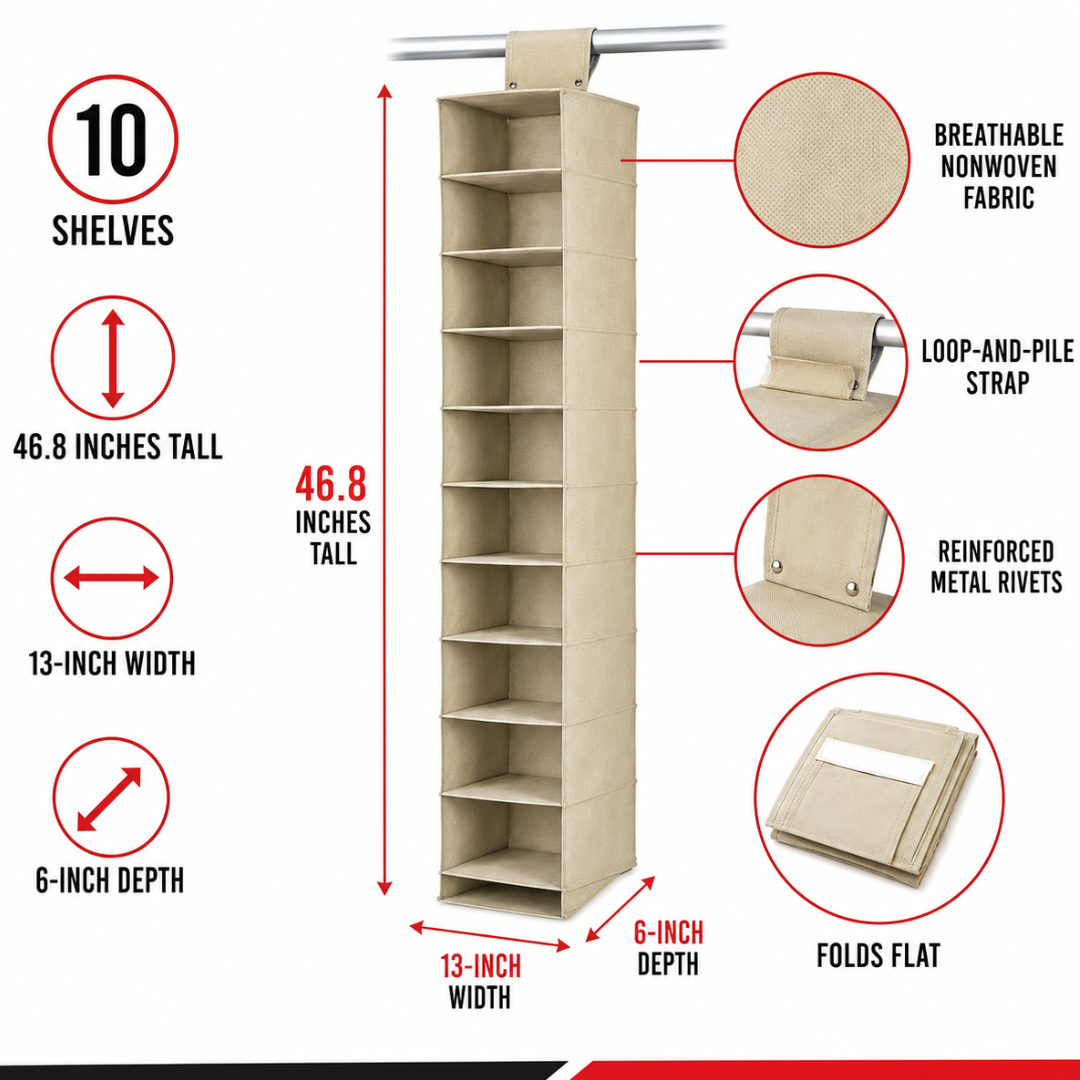 Hanging Shoe Organizer for Closet, 10-Shelf Space-Saving Storage with Hook-and-Loop Strap, Foldable Nonwoven Organizer for Shoes, Sandals and Accessories, 46.8 x 13 x 6 Inches – LKCO-43001-S