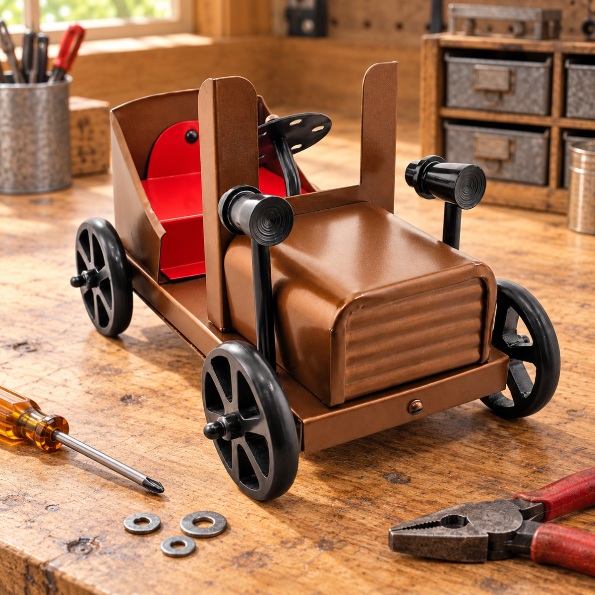 Antique Style Horseless Carriage Metal Model Car, 7.5 Inch Vintage Brown Decorative Vehicle with Red Seat, Black Headlights, Spoke Wheels & Moving Steering Wheel – Collectible Display Decor