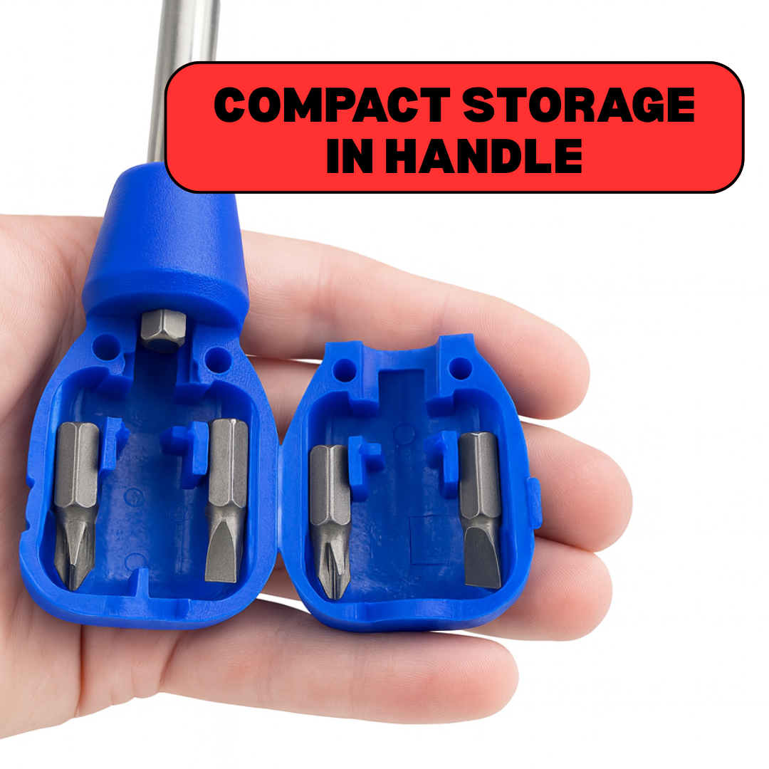 4-in-1 Multi-Bit Stubby Screwdriver with Built-In Handle Storage – Includes 2 Phillips & 2 Flat Head Bits – Compact, Handy, Assorted Colors (Display Jar of 36)