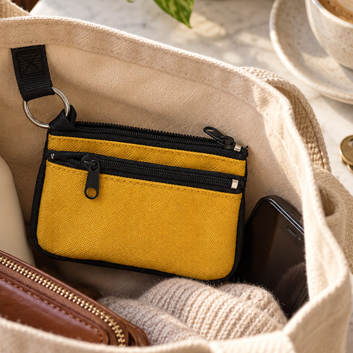 Yellow & Black Double-Zipper Coin Purse with Key Ring, Nylon Mini Organizer Pouch, 4-1/2 x 3-1/2 Inches – GB-11868YW