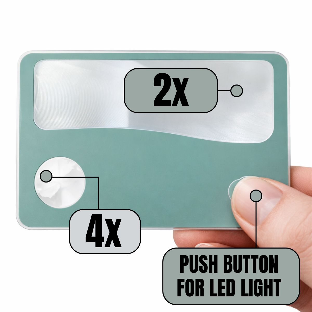 2X/4X Wallet-Sized LED Fresnel Magnifier Card, Gray – Credit Card Size Reading Magnifier with Push Button Light for Menus, Price Tags & Small Print